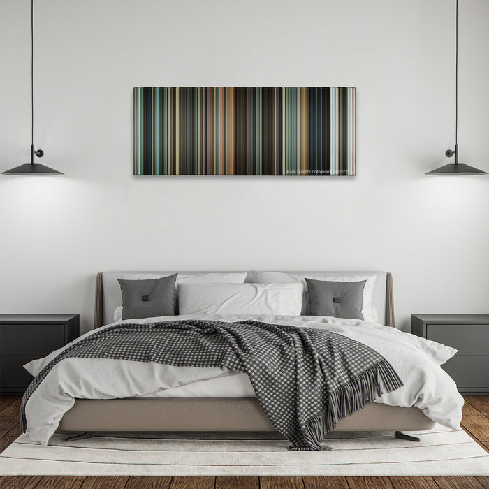 Jumper color palette canvas above a bed, between two black pendant lamps