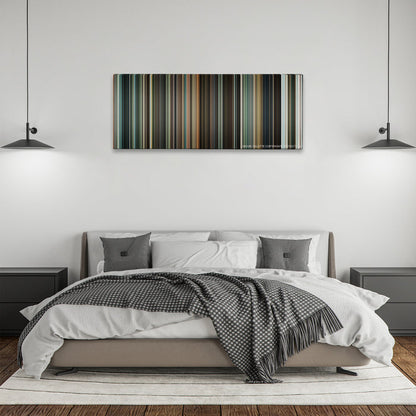 Jumper color palette canvas above a bed, between two black pendant lamps