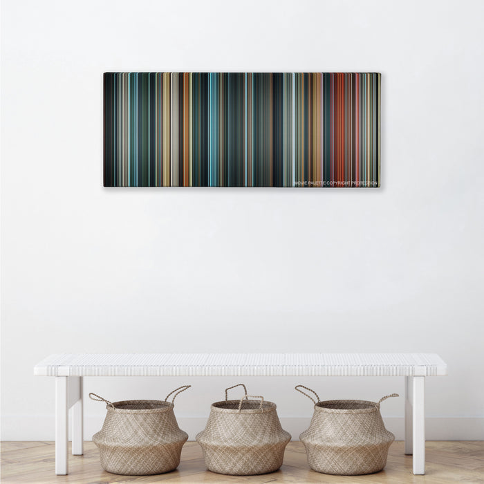 Justice League color palette canvas above a white bench with three woven baskets