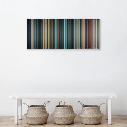 Justice League color palette canvas above a white bench with three woven baskets