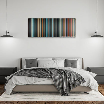 Justice League color palette canvas above a bed, between two black pendant lamps