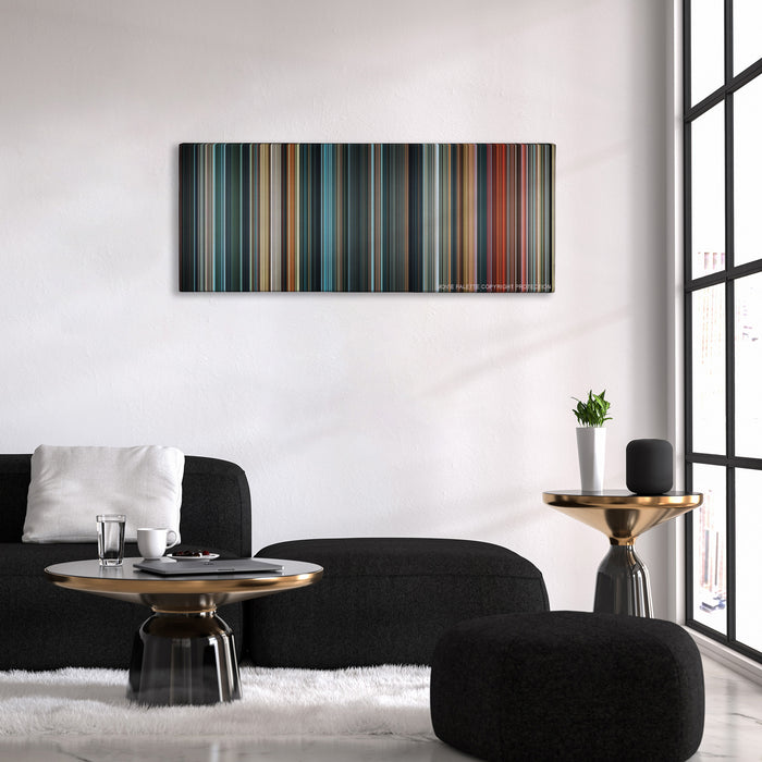 Justice League color palette canvas above a black sofa with a gold-topped table