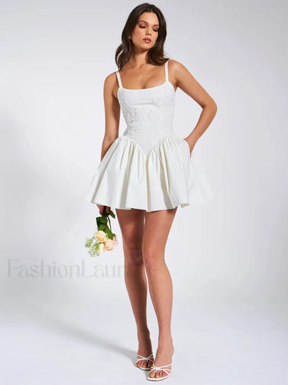 Kadi White Cotton Drop Graceful Waist Corset Mini Dress