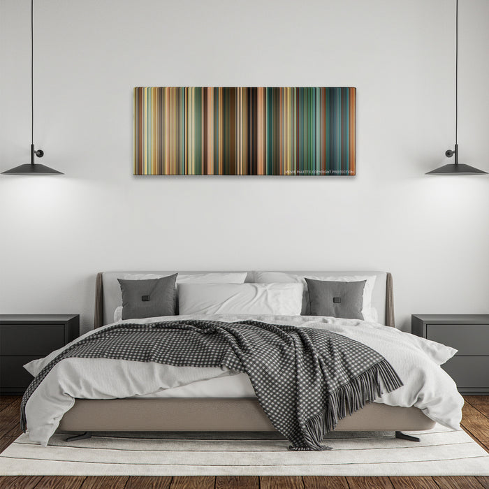 Kick-Ass 2 color palette canvas above a bed, between two black pendant lamps