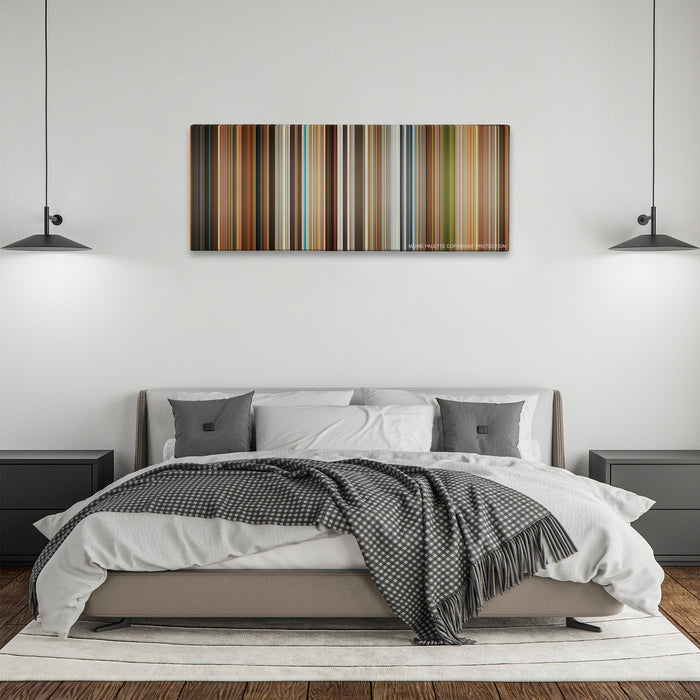 Kingsman: The Golden Circle color palette canvas above a bed, between two black pendant lamps