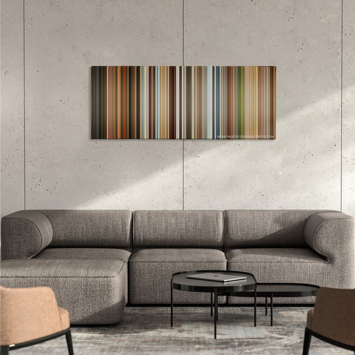 Kingsman: The Golden Circle color palette canvas on a concrete wall above a gray sectional sofa