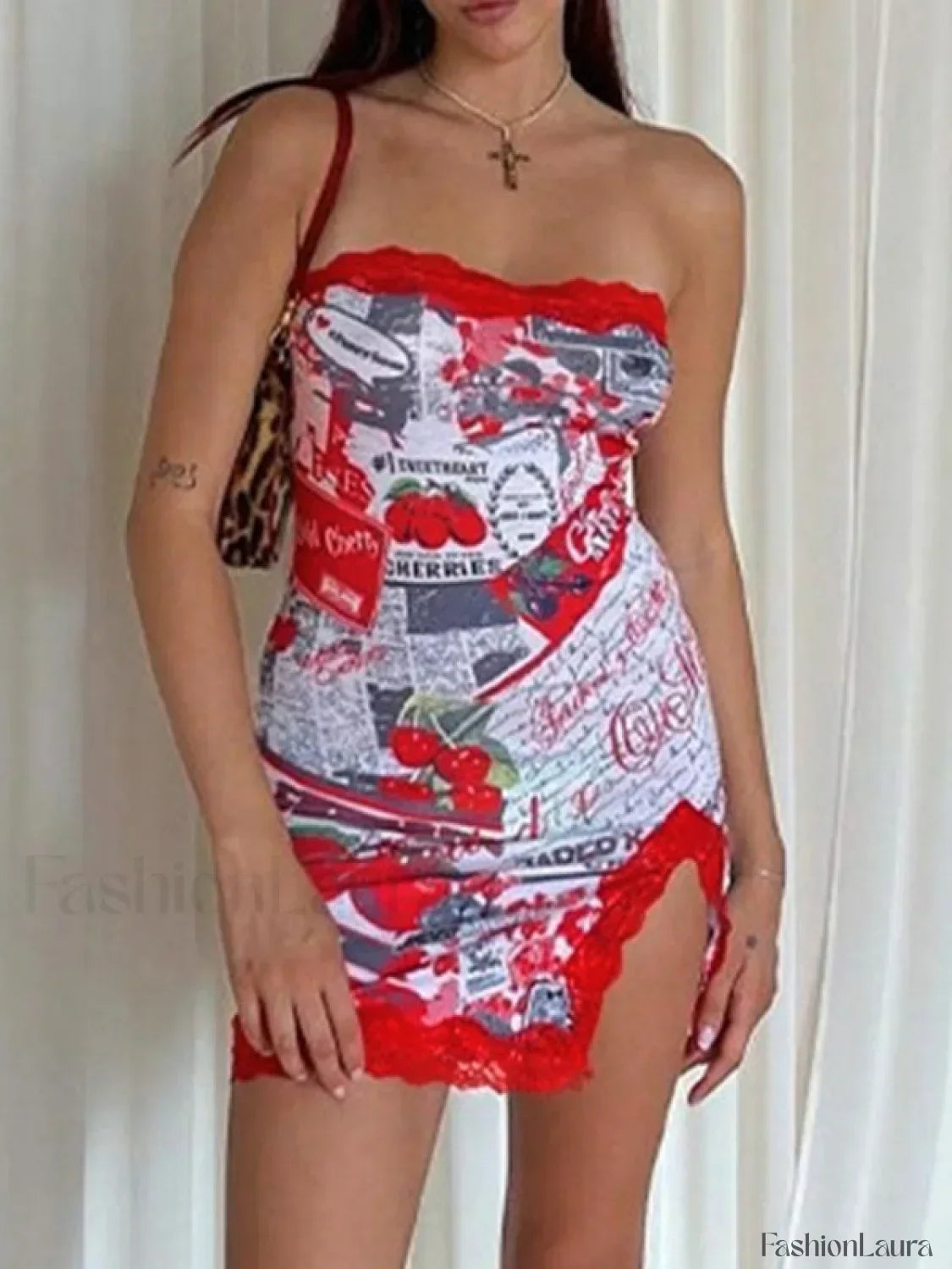 Lace Trim Split Strapless Bodycon Mini Dress