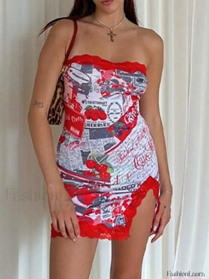 Lace Trim Split Strapless Bodycon Mini Dress