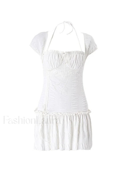 Lace Up Ruffle Halter Mini Dress