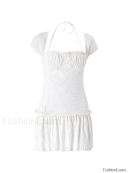 Lace Up Ruffle Halter Mini Dress