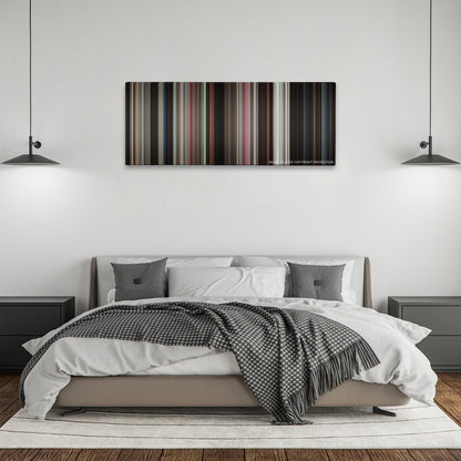 Lethal Weapon color palette canvas above a bed, between two black pendant lamps