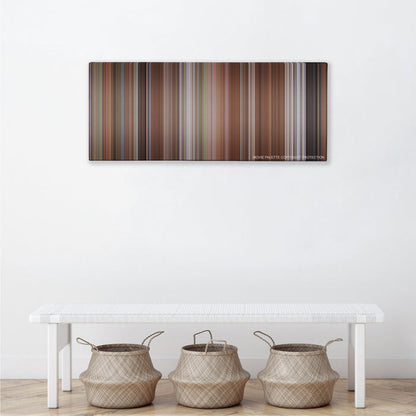 Liar Liar color palette canvas above a white bench with three woven baskets