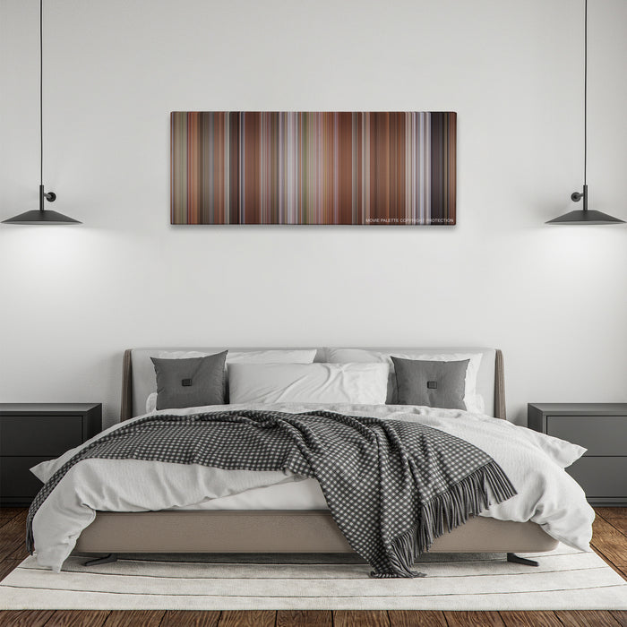 Liar Liar color palette canvas above a bed, between two black pendant lamps