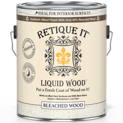 Liquid Wood Bleached interior paint by Retique It shown on a wall, highlighting the smooth, bleached wood finish for interior decor.