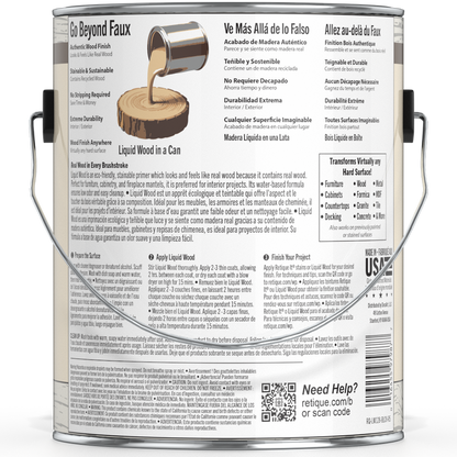 Liquid Wood bleached interior paint by Retique It in a 128oz container, showing a close-up of the product label and paint finish.