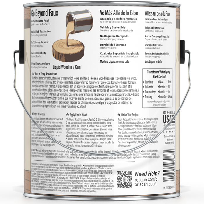 Dark liquid wood paint by Retique It in a 128oz container, shown in a natural indoor setting.