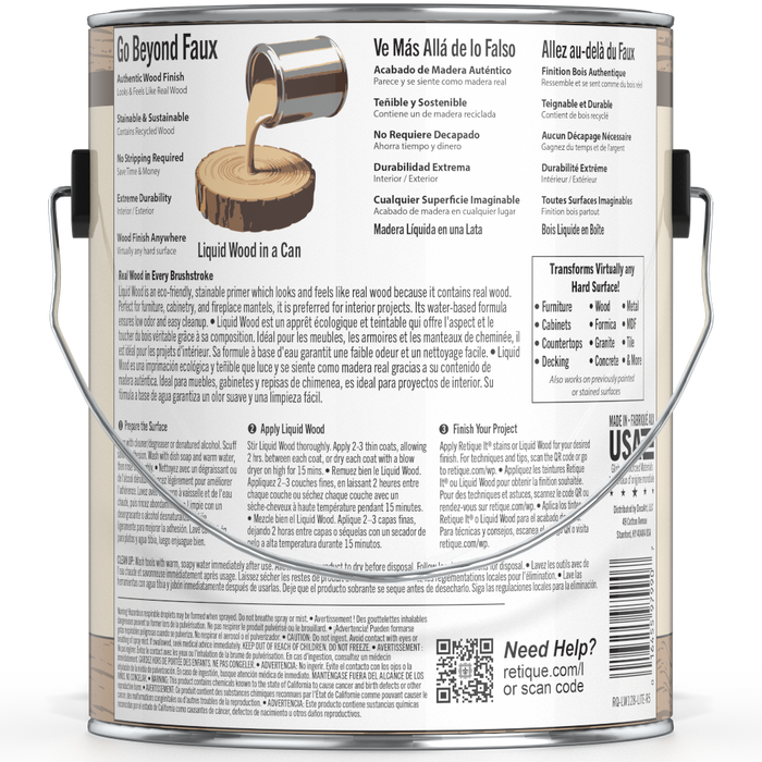Retique It Liquid Wood paint in Light interior finish, 128oz bottle, showcasing smooth application on wood surface.