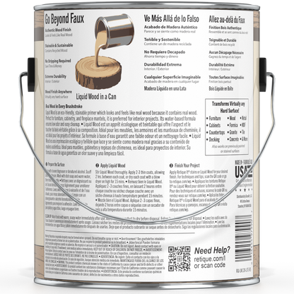 Retique It Liquid Wood paint in Light interior finish, 128oz bottle, showcasing smooth application on wood surface.