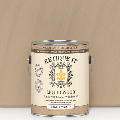Retique It Liquid Wood interior paint in 128oz light shade, showcasing a smooth application on wood surface.