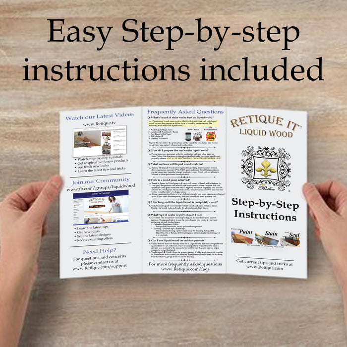 Hands holding a book with instructions for Retique It Liquid Wood 16oz Bleached interior paint application.