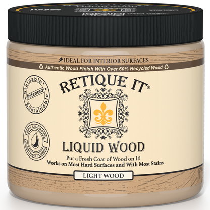 Retique It Liquid Wood Light interior paint in a container, showcasing the wood-like finish and branding on the label.