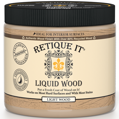 Retique It Liquid Wood Light interior paint in a container, showcasing the wood-like finish and branding on the label.