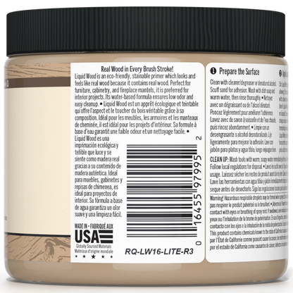 Retique It Liquid Wood 16oz Light interior paint in a bottle, showcasing smooth, light-colored wood finish for interior surfaces.