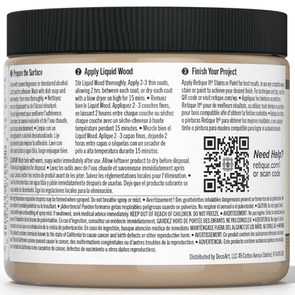 Retique It Liquid Wood interior paint in 16oz Light color, showing the smooth, wood-like finish on a surface.