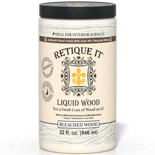 Liquid Wood bleach interior paint by Retique It in a 32oz container, showing the lightened, bleached wood finish on a sample surface.