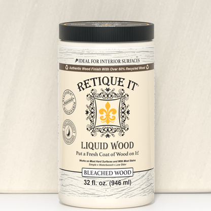 Liquid Wood 32oz bleached interior paint by Retique It, showing the sealed container with product label and color sample.