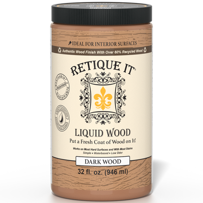 Retique It Liquid Wood interior paint in 32oz dark finish, shown on a wooden surface with a smooth, even application.