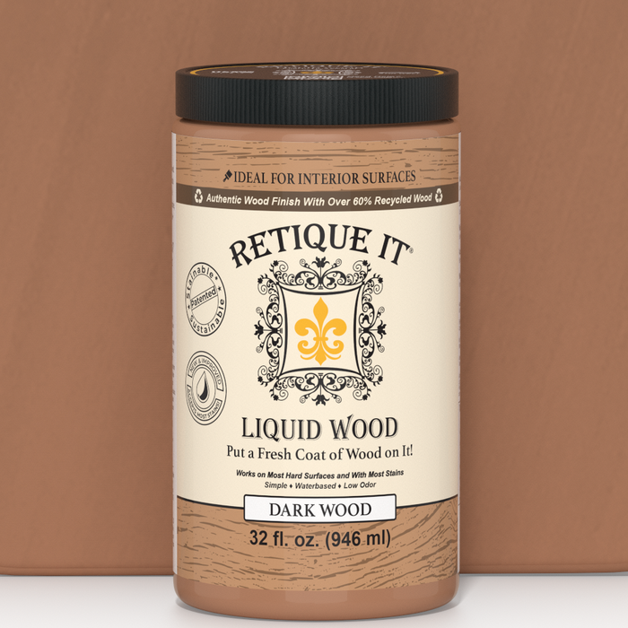 Retique It Liquid Wood interior paint in 32oz dark finish, shown next to a color swatch for wood furniture or decor.