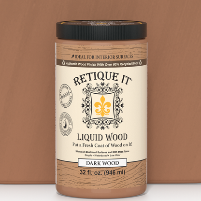 Retique It Liquid Wood interior paint in 32oz dark finish, shown next to a color swatch for wood furniture or decor.