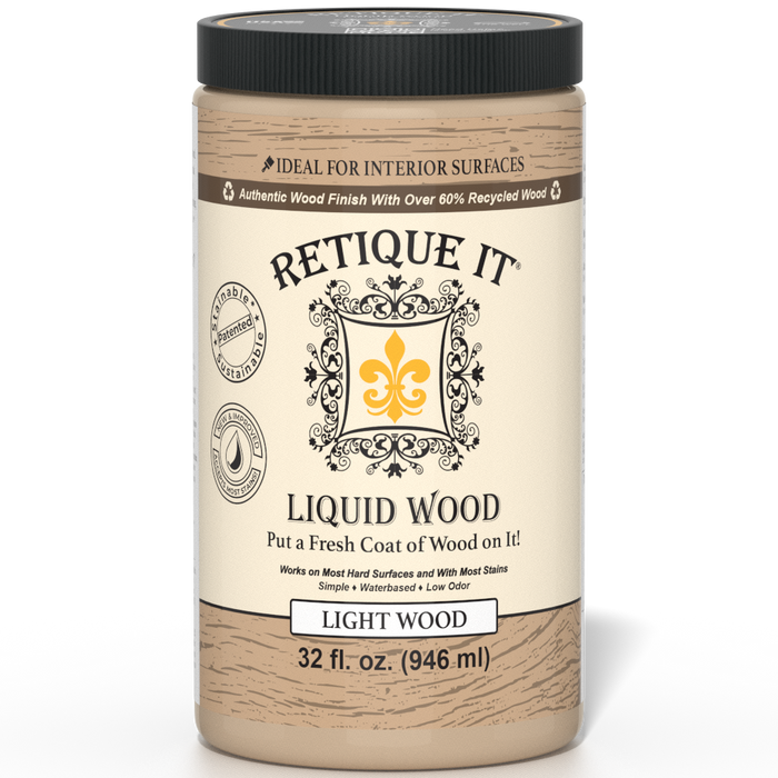 Retique It Liquid Wood interior paint in 32oz Light finish, showing a smooth application on a wooden surface.