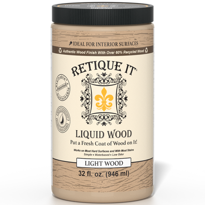 Retique It Liquid Wood interior paint in 32oz Light finish, showing a smooth application on a wooden surface.
