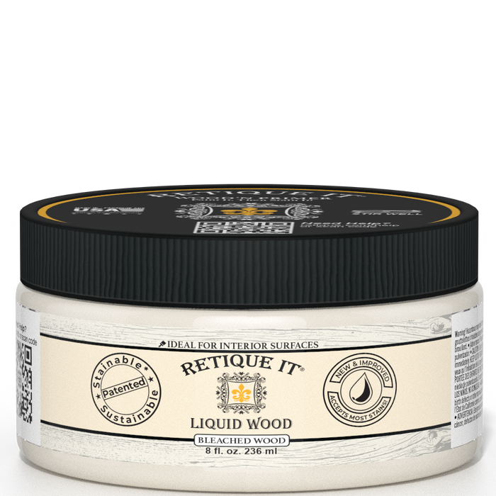 Retique It Liquid Wood interior paint in 8oz bleached finish, shown in a jar with a smooth, wood-like texture.