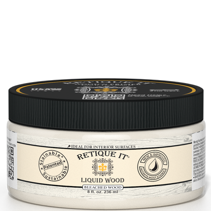 Retique It Liquid Wood interior paint in 8oz bleached finish, shown in a jar with a smooth, wood-like texture.