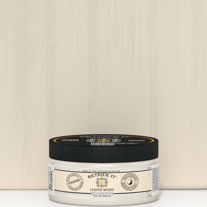 Retique It Liquid Wood 8oz Bleached interior paint jar positioned in front of a color swatch, showcasing the product and color sample.
