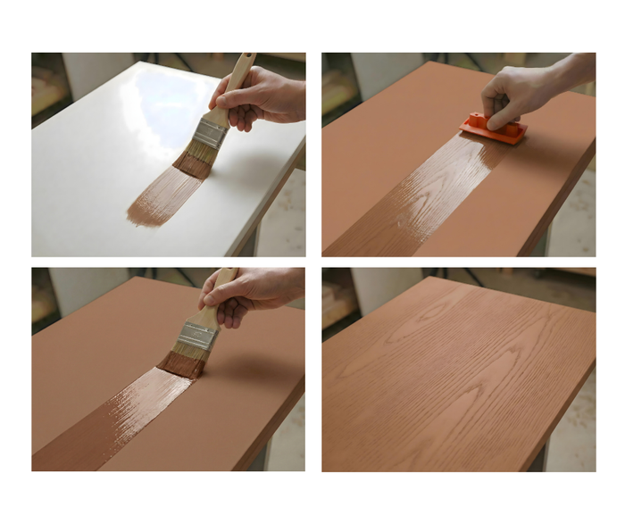 Four-panel application sequence showing primer and stain being brushed on, then grained with a red tool, ending in a warm dark wood finish.