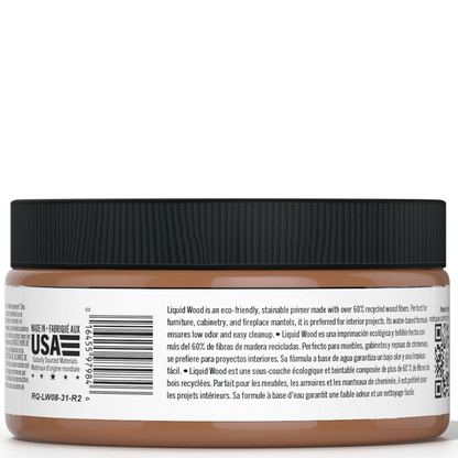 Retique It Liquid Wood interior paint in an 8oz dark finish, showing a jar with dark liquid wood paint and branding.