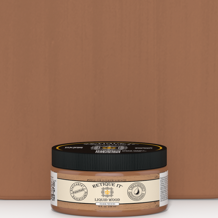 Retique It Liquid Wood 8oz dark interior paint jar with swatch showing rich wood finish and smooth texture.