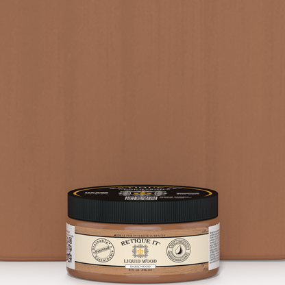 Retique It Liquid Wood 8oz dark interior paint jar with swatch showing rich wood finish and smooth texture.