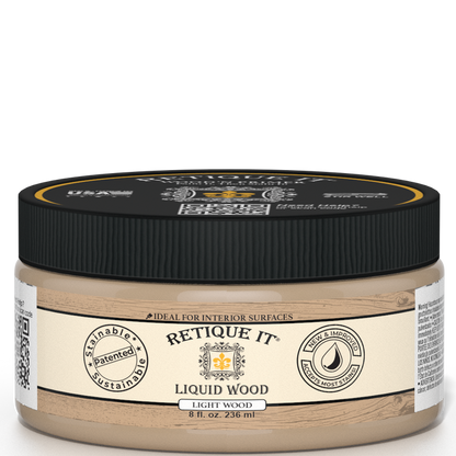 Retique It Liquid Wood interior paint in 8oz light finish, shown in a jar, ideal for wood surface transformations.