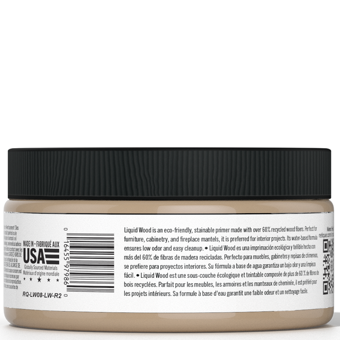 Retique It Liquid Wood 8oz light interior paint jar showing the back label and product packaging.