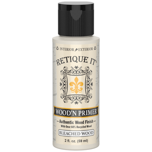 Front view of Retique It Wood'n Primer Bleached Wood 2-ounce sample bottle with a black cap.
