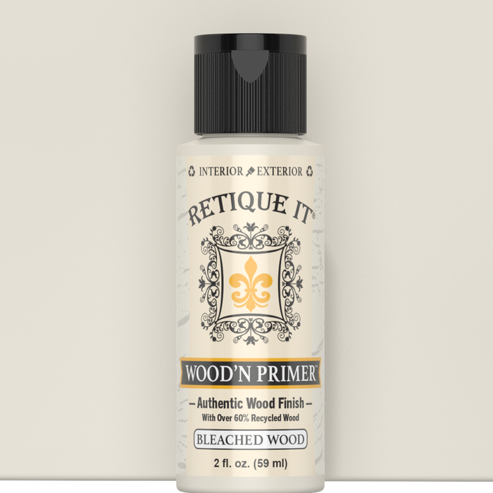 Retique It Wood'n Primer Bleached Wood 2-ounce sample bottle against a matching pale color swatch.