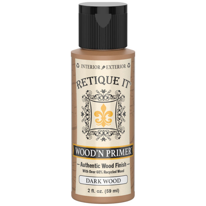 Front view of Retique It Wood'n Primer Dark Wood 2-ounce sample bottle with a black cap.