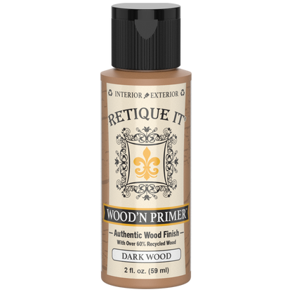 Front view of Retique It Wood'n Primer Dark Wood 2-ounce sample bottle with a black cap.