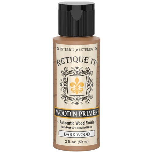 Front view of Retique It Wood'n Primer Dark Wood 2-ounce sample bottle with a black cap.