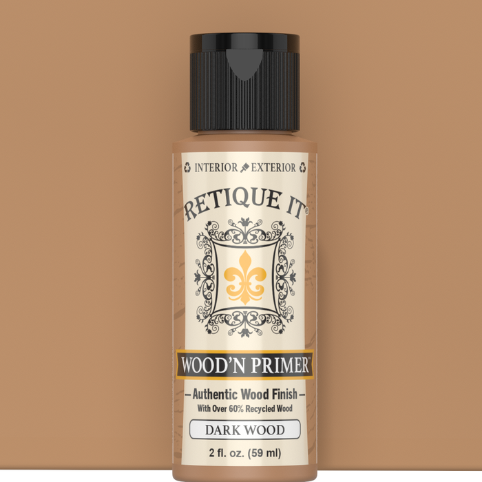 Retique It Wood'n Primer Dark Wood 2-ounce sample bottle against a matching brown color swatch.